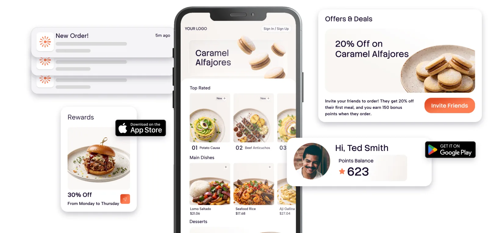 Eatsy Orders branded restaurant mobile app for iOS and Android